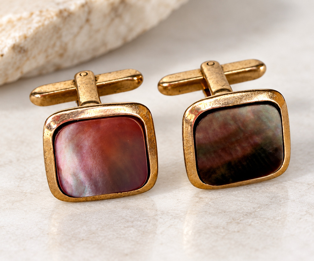 Hickok USA Vintage Gold Tone Cufflinks Marbled Brown Square Men's Formal